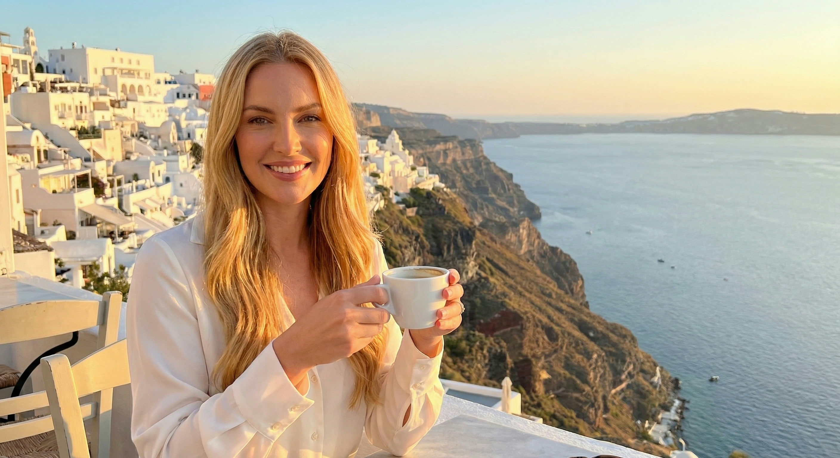 Lucy enjoying a coffee in Santorini, Greece